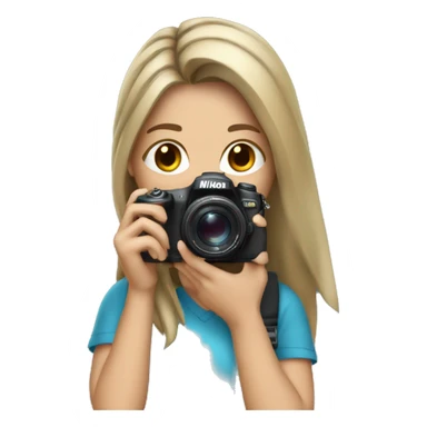 Girl with dark blonde loose ponytail Holding a Nikon Camera in her hands sticker