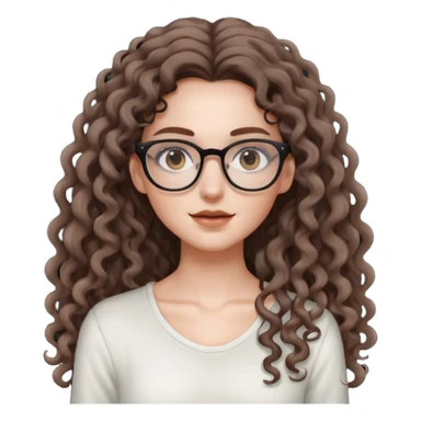 aesthetic white girl with cool colored brown, very long curly hair, she wears an offwhite top and wears thin square glasses and her eyes are black sticker