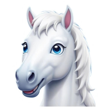 Cinematic Comical White Horse Portrait Emoji, Head tilted dramatically with an exaggeratedly amused expression, featuring a striking white fur with a glossy finish and wide, expressive blue eyes filled with playful disbelief, Simplified yet hilariously expressive features, highly detailed, glowing with a slightly sassy glow, high shine, dramatic yet playful, stylized with an air of cheeky mischief, bright and endearing, soft glowing outline, capturing the essence of a spirited and over-the-top horse, so meme-worthy it feels like it could side-eye its way into internet fame instantly! sticker