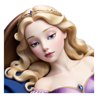 Cinematic Realistic Sleeping Beauty (Aurora) Portrait, with porcelain-like skin featuring a natural rosy flush, illuminated by soft lighting that highlights the gentle contours of her face. Her golden blonde hair flows in soft, detailed waves with subtle highlights that shimmer in the light. Her deep violet-blue eyes radiate warmth and innocence, framed by arched brows and long lashes. With a soft, serene smile, she holds a delicate rose gently in one hand, her other hand resting lightly by her side. She is dressed in her classic pink gown, the fabric rich in texture with delicate folds that catch the light. A golden crown rests atop her head, gleaming with royal refinement. The portrait captures a soft, glowing aura, blending realism with an ethereal sense of beauty and timeless enchantment. sticker