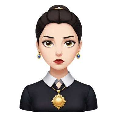 La donna ha i capelli scuri raccolti, un'espressione seria e intensa, indossa un abito scuro con colletto bianco e una spilla o un medaglione. L'immagine ha uno stile antico, tipico del XIX secolo. sticker