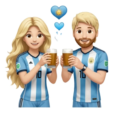 Lionel Messi in Argentina jersey and Shakira in stage clothes, smiling at each other, each holding a traditional yerba mate cup, making a cheerful toast, Shakira with long wavy blonde hair, emoji style, cute and fun sticker