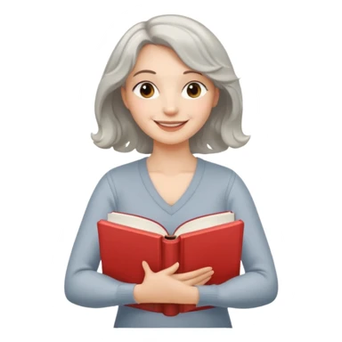 Silver hair, wavy/curly hair chin-length lady giving hug with 2 arms,  v-neck and smiling, add a favorite book sticker