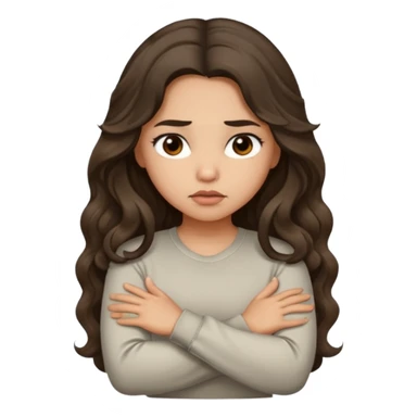 Hispanic light tan girl with long dark wavy hair with arms folded and pouting slightly. Wearing a long sleeve. sticker