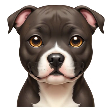 Cinematic Cute Black/Brindle Staffordshire Bull Terrier Portrait Emoji, Head tilted playfully and inquisitively, featuring a glossy Fur with a dynamic mix of black and brindle, round, sparkling dark eyes filled with curiosity, Simplified yet irresistibly adorable features, highly detailed, glowing with a warm, friendly glow, high shine, affectionate and spirited, stylized with a touch of whimsy, bright and endearing, soft glowing outline, capturing the essence of a mischievous yet loving pup, so playful it feels like it could bound out of the screen and into your arms! sticker