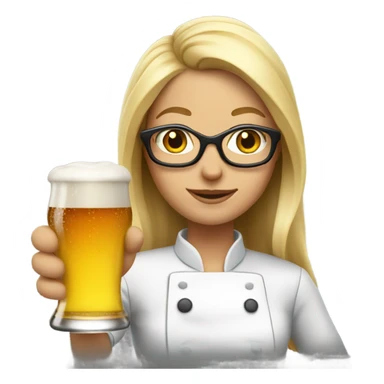Female chef with long blonde hair and glasses. Holding beer and horses sticker