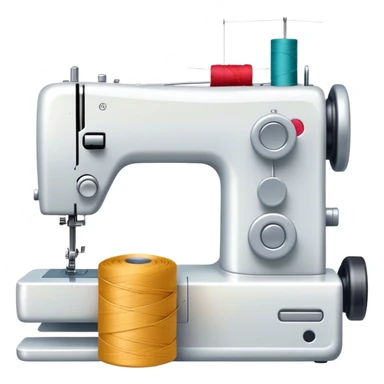 Sewing icon, sewing machine with thread, visible needle, spools of thread, fabric pieces cut according to patterns, scissors, and measuring tape, a piece of clothing in progress, minimalistic style, clean lines, transparent background. sticker
