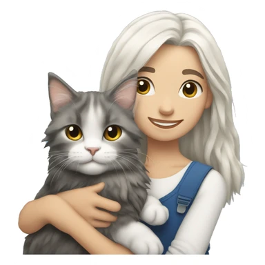 A girl with white hair holds a Maine coon cat in her arms sticker