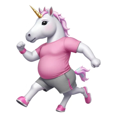 friendly anthropomorphised male white unicorn with an extra chunky, very strong and stocky build, arms and legs matching the white of the head, in grey shorts and pink t-shirt, wearing dark sunglasses, jogging upright in a standard pose sticker