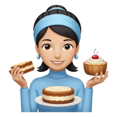  tan skin woman with long face, and short black hair slicked back ponytail with forehead showing, wearing a light blue headband and wearing pale blue turtleneck shirt, eating tiramisu smiling with middle parted hair sticker