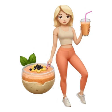 a young woman full length in a beige top and leggings and white sneakers with a passion fruit smoothie in one hand and a salmon poke bowl in the other hand sticker