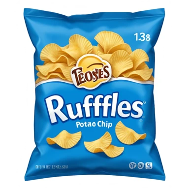 Draw a Ruffles chip bag in blue packaging with ridged potato chips spilling out. sticker