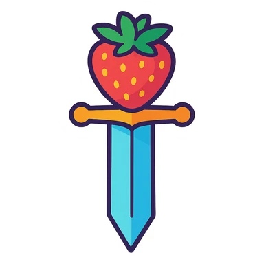 a sword with a strawberry as the hilt, whimsical design, playful, colorful, vibrant toon style sticker