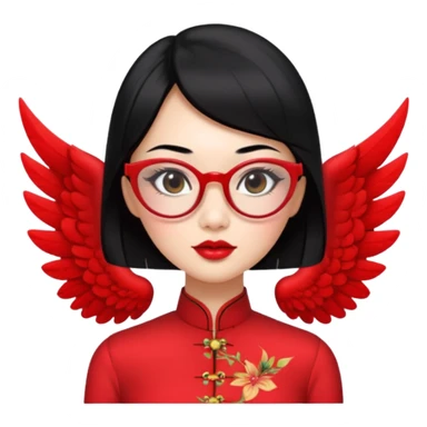 an oriental lady wearing red cheongsam, red lipstick, winged eyeliner, fair light a bit pink skin, small nose, a bit thick sensual lips, not too slim but not fat, wearing transparent glasses, black hair mid length sticker