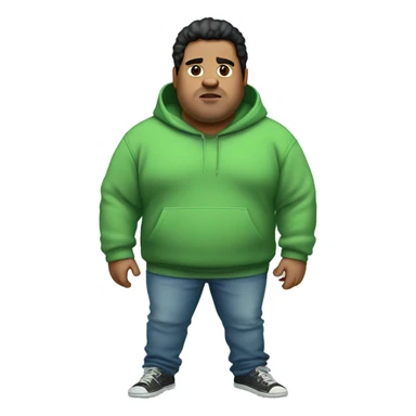wide fat guy with black hair big chest green hoodie and light blue jeans and no beard, with little acne sticker