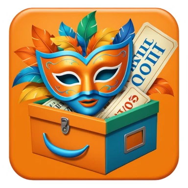 a box and a carnival mask in orange, blue and green with tickets as a bundle sticker