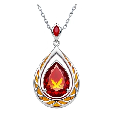 phoenix teardrop ruby pendant, deep red core with yellow ember edges, floating silver chain, pulsing rebirth glow sticker