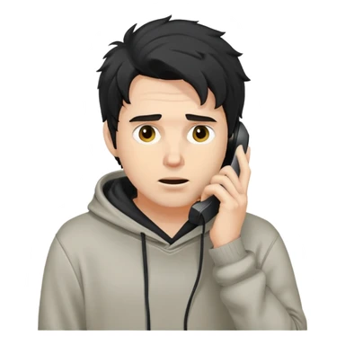 a white man with black messy, hoodie taking a call sticker