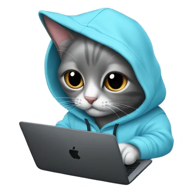 Cat wearing baby blue hoodie and a black MacBook sticker