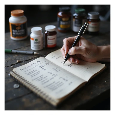 Bodybuilding coach filling out a protocol in a notebook, with visible text: 'Ciclo base: testosterone enantato 250 mg/settimana, 8 settimane, tamoxifene 10 mg/die.' Desk with supplements and pen, gym environment, hyperrealistic 4K details. sticker