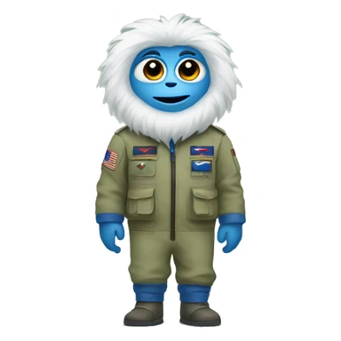 A yeti with big eyes wearing a khaki green flight suit with blue hands and feet sticker
