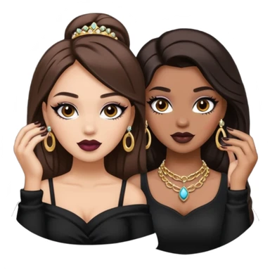 Boujy baddie best friends, trendy heavy makeup both dark hair one light skinned and one mocha brown pretty hair style both wearing black and jewelery  sticker