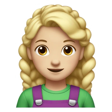 A little blonde girl with pigtails and little purple bows wearing a red long-sleeved shirt and purple overalls with blue tights with green polka dots and purple sneakers. sticker