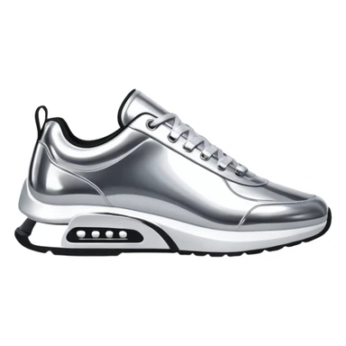 A pair of futuristic sneakers emoji made of silver chrome, sleek streetwear design, smooth metallic panels, subtle reflections, luxury swag aesthetic, iOS emoji style, centered, clean white background sticker