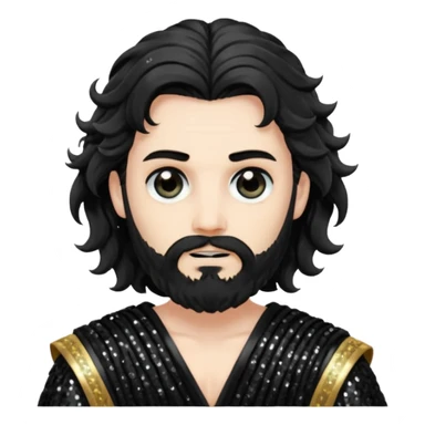 Hades from Greek Gods with long black wavy hair and short beard, black sequin toga sticker