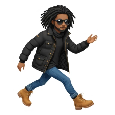 African American man brown skin complexion with black dreadlocks shoulder length wearing black bubble winter coat wearing black sunglasses with denim skinny jeans and timberland boots standing running sticker
