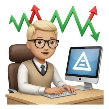 A person sitting at a desk working and looking at a computer with upward arrows and percentage signs, suggesting digital sales, marketing, or outreach. sticker