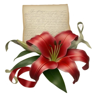 A soft-focus still life with red lilies, a string of pearls, and an old love letter tied with a satin ribbon sticker