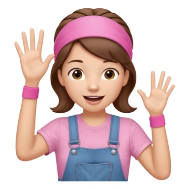 preschool teacher with brown hair pulled up in high ponytail and light pink headband. Has a pink t-shirt with denim overalls. Expression is happy and friendly with mouth wide open. Has one hand up waving hello. sticker