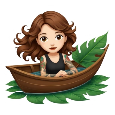 cute woman long wavy brown hair tattoos floating on leaf boat sticker