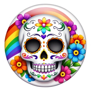 Beveled button with day of the dead sugar skull and rainbow colored flowers sticker