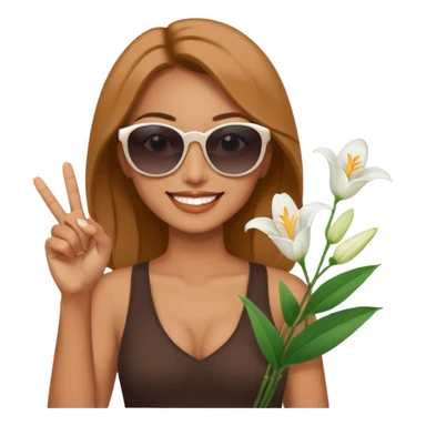 Relaxed sexy woman smiling holding lilies posing in shades  and flashing peace sign  hand sticker