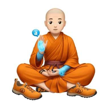 Je voudrais un moine bouddhiste avec un mulet qui pris en direction d’une paire de chaussures de trail, avec une bulle de pensée avec marqué trail sticker