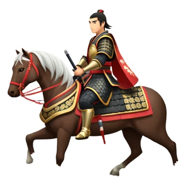 An icon representing an adventure game, inspired by feudal Japan. The design features a disciplined samurai riding a noble warhorse, its armor adorned with intricate patterns. A backdrop of cherry blossoms and a setting sun over a distant pagoda conveys a sense of honor, tradition, and battle-readiness. Transparent background. sticker