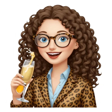 a blue eyed woman with very long brunette curly hair, full lips,and really pale skin. She is wearing a leopard printed thin round-ish glasses . She is wearing fully brown clothes. She is celebration sth with a bottle of champagne and laughing sticker