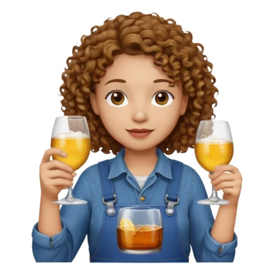 Curly haired curl with brown hair and light skin in overalls toasting with alcohol sticker
