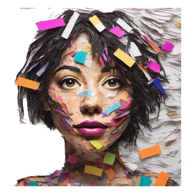 Colourful dark neon graffiti scribble scrapbook patchwork Person face portrait made entirely of multicoloured torn up magazines  sticker