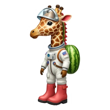 watermelon body with only the head of a giraffe poking out, wearing brown boots and an astronaut helmet sticker