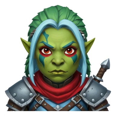 Fantasy Christmas orc legion soldier icon, iron tundra army theme, heavy winter armor, disciplined brutal look, dark icy steel armor with bold crimson cloth and markings, cold blue shadows, high contrast, clean emoji portrait style, female variant sticker