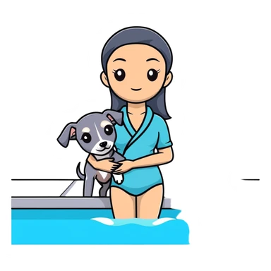 Very thin and slim Chinese woman with long black hair in pool attire at an indoor swimming pool with her Italian greyhound that is COMPLETELY solid dark grey with ABSOLUTELY ZERO white markings anywhere - 100% uniform dark grey color only sticker