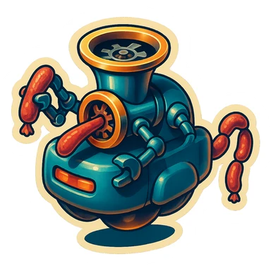 sausage-processing droid. retro-futuristic style. top is a circular industrial meat grinder with rotating gears and blades. Two robotic arms feed material into grinder. Sausage links extrude from the rear like  factory. The body is metallic, compact, and floats above the ground.no legs. Dark humor sticker