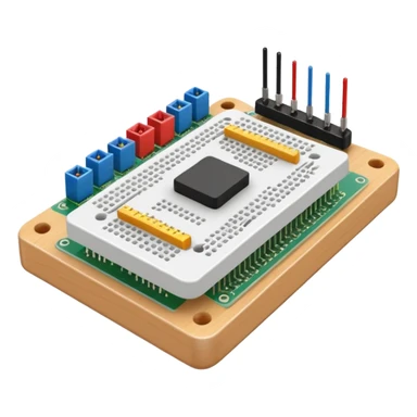 emoji-style icon of a breadboard with a microcontroller, wires connecting to an LED and a sensor, symbolizing a typical physical computing setup, simple and schematic sticker