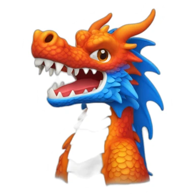 Un dragon mi loup de couleur rouge, bleu, blanc et orange moutardes. Il a des corne de bélier orange moutard. Il qui crache du feux sticker