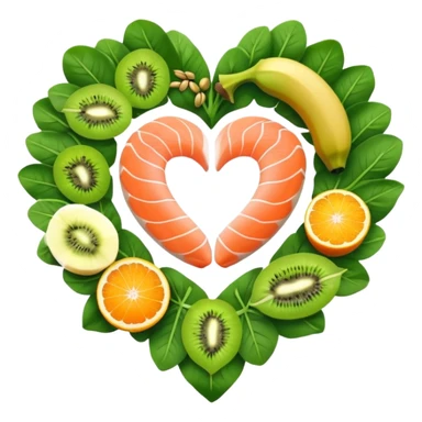 Banana, spinach leaves, salmon, kiwi, pistachios, and orange juice floating in a circle around a glowing heart that pulses with steady rhythm. Waves of electrical energy connect the foods to the heart, muscles, and nerve pathways, showing how potassium regulates fluid balance and electrical signals. sticker