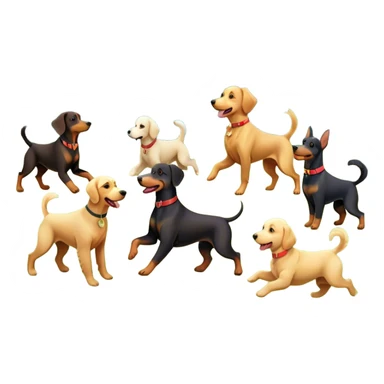 Collage of various dog breeds like Doberman, Poodle, Dachshund, and Golden Retriever, playing in a park with trees and grass. Some dogs run, others sit, all are full of energy and happiness. A joyful, colorful scene with playful expressions. Transparent background. sticker