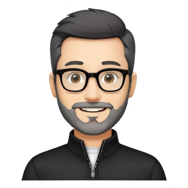 Fair-skinned man with short black hair styled upward, short graying beard, large black-framed glasses, smiling, wearing black long sleeve shirt with zip at neck sticker